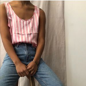 Vintage satin tank pink and white stripes medium